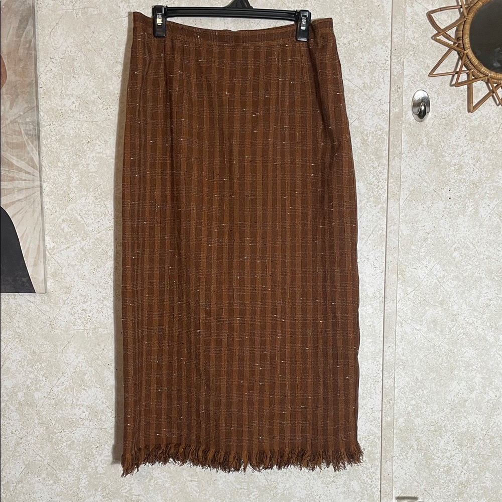 Vintage Prophecy Women’s Brown Plaid Pencil Skirt with Fringe size 14